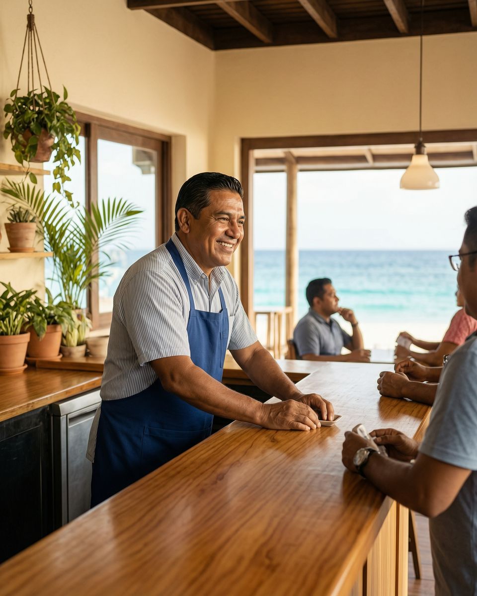 Dueño de restaurante atendiendo a sus clientes con tranquilidad