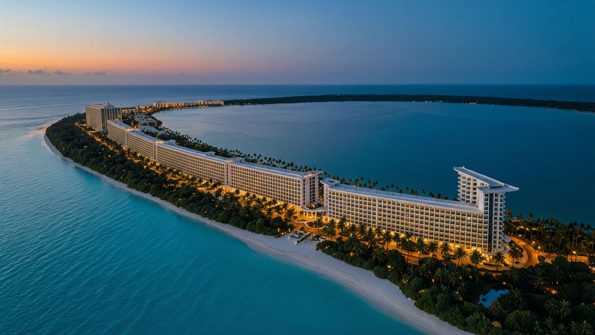 Vista aérea de la zona hotelera de Cancún al atardecer