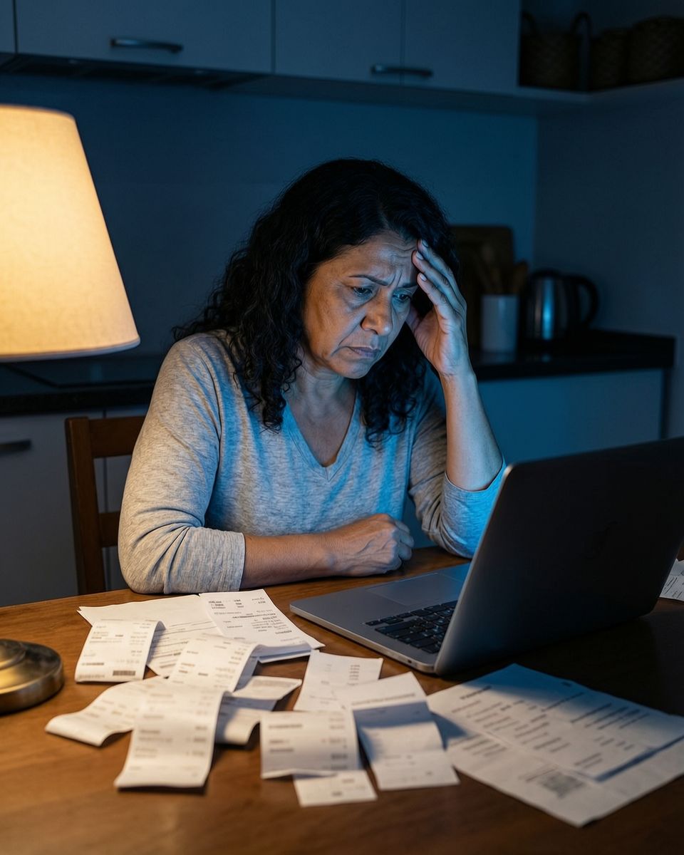 Dueña de negocio revisando tickets y facturas de noche